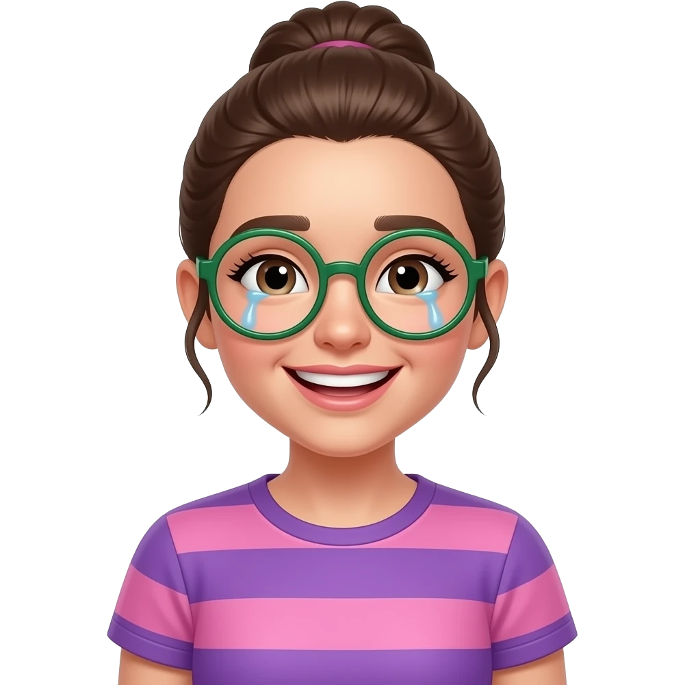 White girl with straight tied up medium brunette hair wearing green-rim circular glasses smiling wearing a pink and purple horizontal t-shirt laughing tears of joy emoji