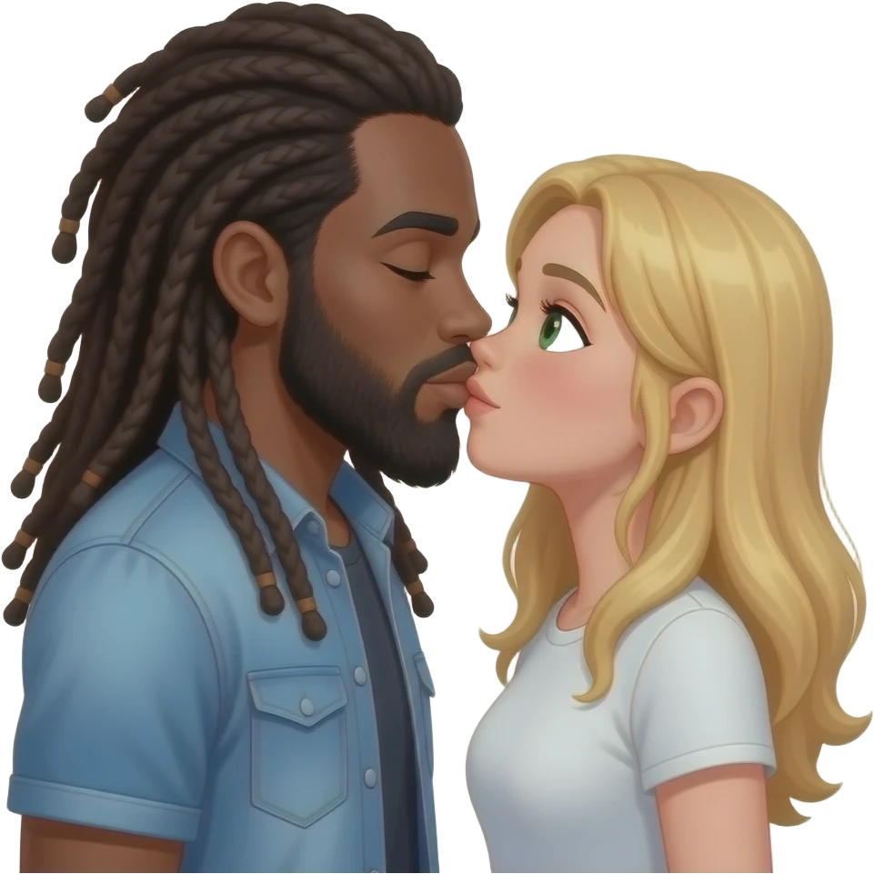 black guy with long dread locksand beard only not braids  kissing girl with long blond hair and green eyes emoji