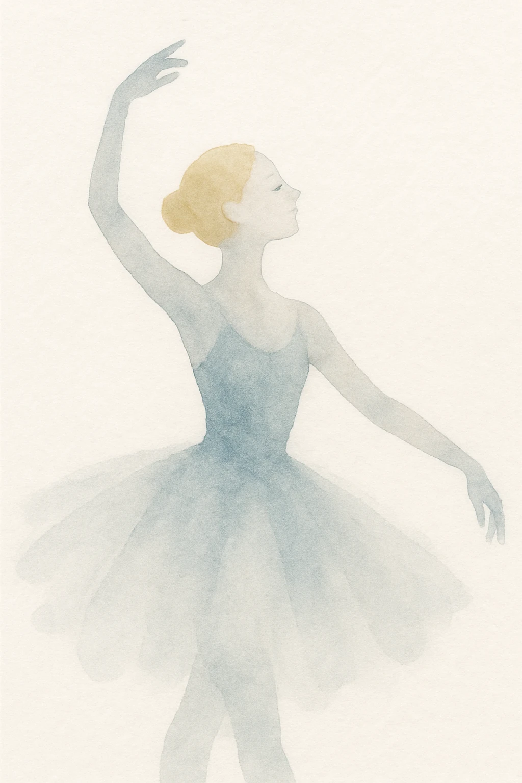 ballerina with blonde hair and white skin, watercolor style, flowing tutu, soft background, dreamy atmosphere emoji