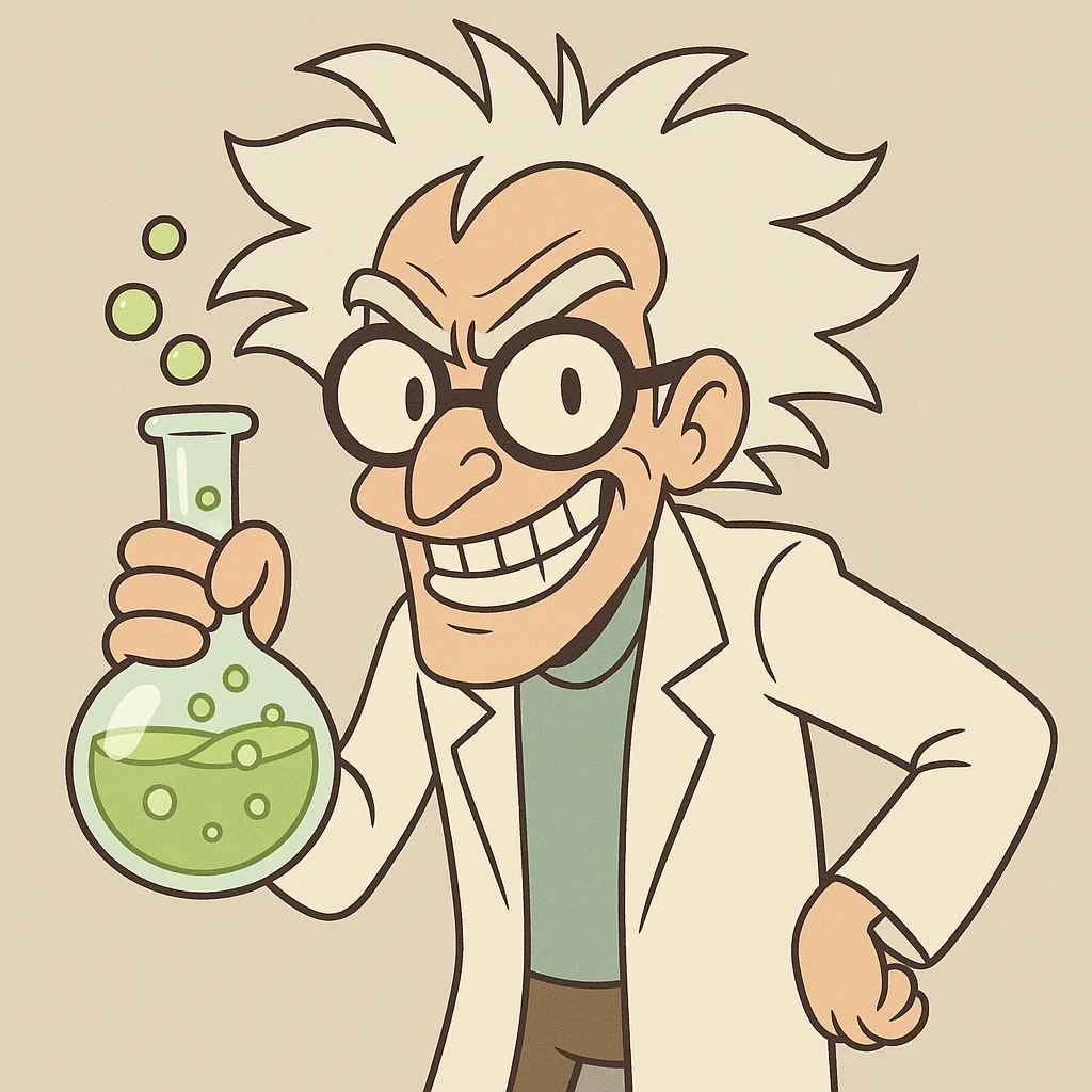 mad genius with wild hair, glasses, mischievous grin, holding a bubbling flask, cartoon style emoji