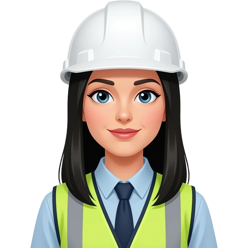 Emoji Mujer blanca vestida de chaleco, de fondo haz una empresa industrial cabello totalmente negro largoooo y totalmente  liso, casco blanco, el rostro de mujer blanca EMOJI emoji