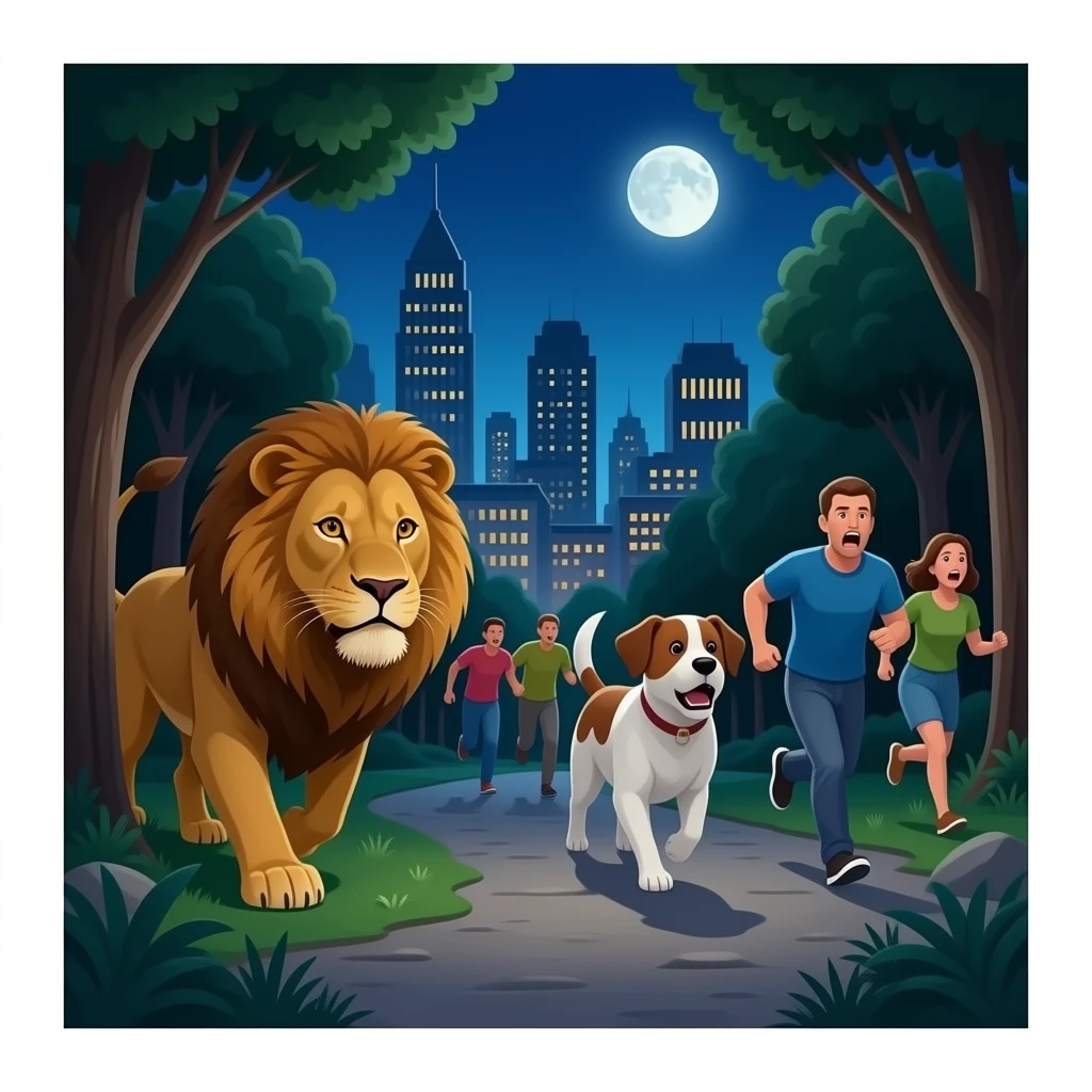 quiero que en publo entre un leon y un perrro por el bosque que sea realista i la gente este asustada pero que llegen a el pueblo que la gnte tenga miedo y empieze a correr la gente tenga mucho miedo i corra porque ello vienen emoji