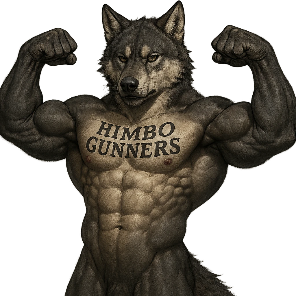 realistic, super buff wolf furry, shirtless, 'Himbo Gunners' tattooed on chest, flexing, powerful physique, serious expression emoji