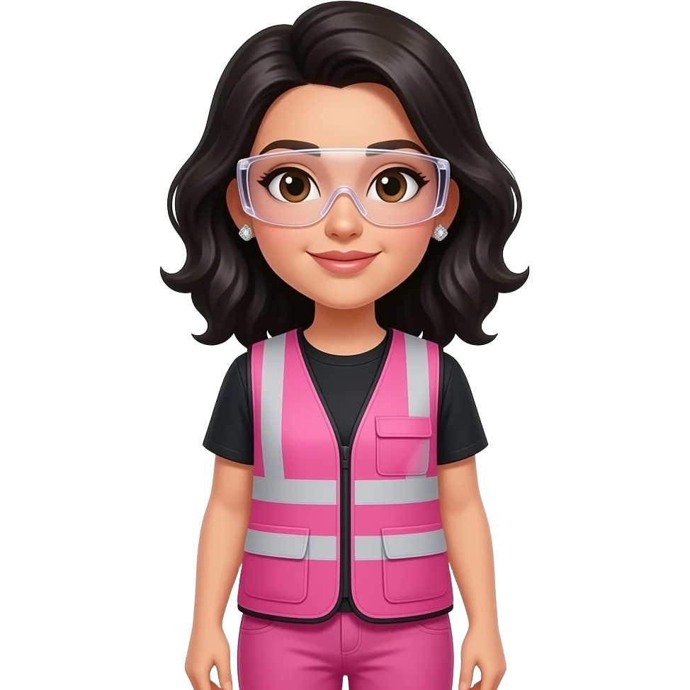 White women with brown eyes with shoulder length black wavy hair wearing diamond earrings wearing pink and clear safety glasses wearing a pink construction vest wearing pink pants emoji