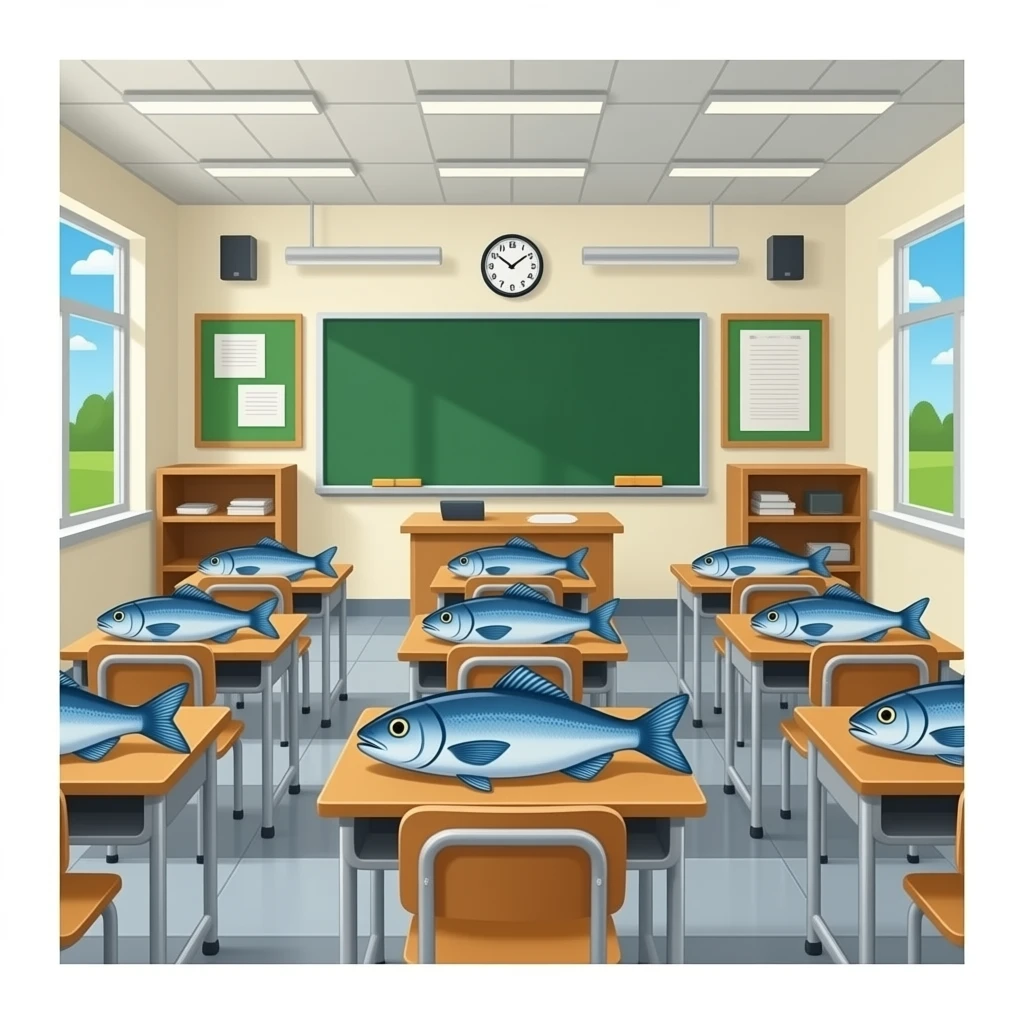 a whole bunch of fish sitting in a school classroom emoji