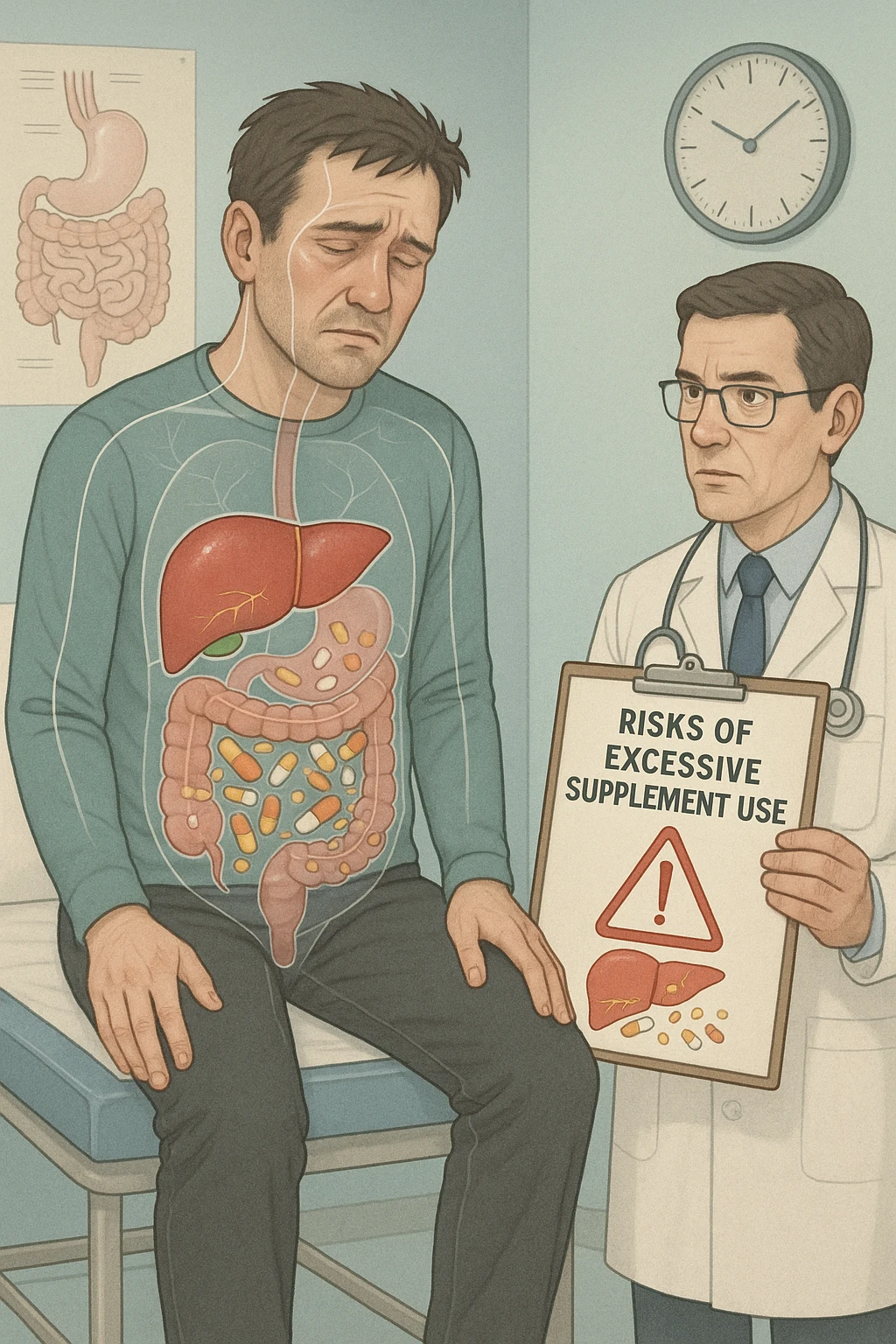 a man sits on a doctor’s examination table, looking fatigued and uncomfortable. A transparent anatomical overlay reveals his liver and intestines, both appearing inflamed and congested, with stylized supplement capsules and pills scattered throughout the digestive tract. The doctor stands nearby, holding a chart that highlights the risks of excessive supplement use. The mood is clinical and educational. emoji