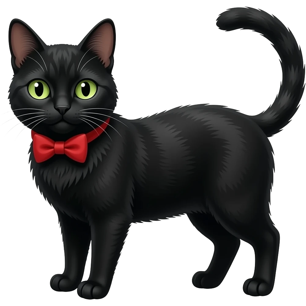 Un gato negro muy elegante con un corbatin de color rojo, sus ojos son de color verde emoji