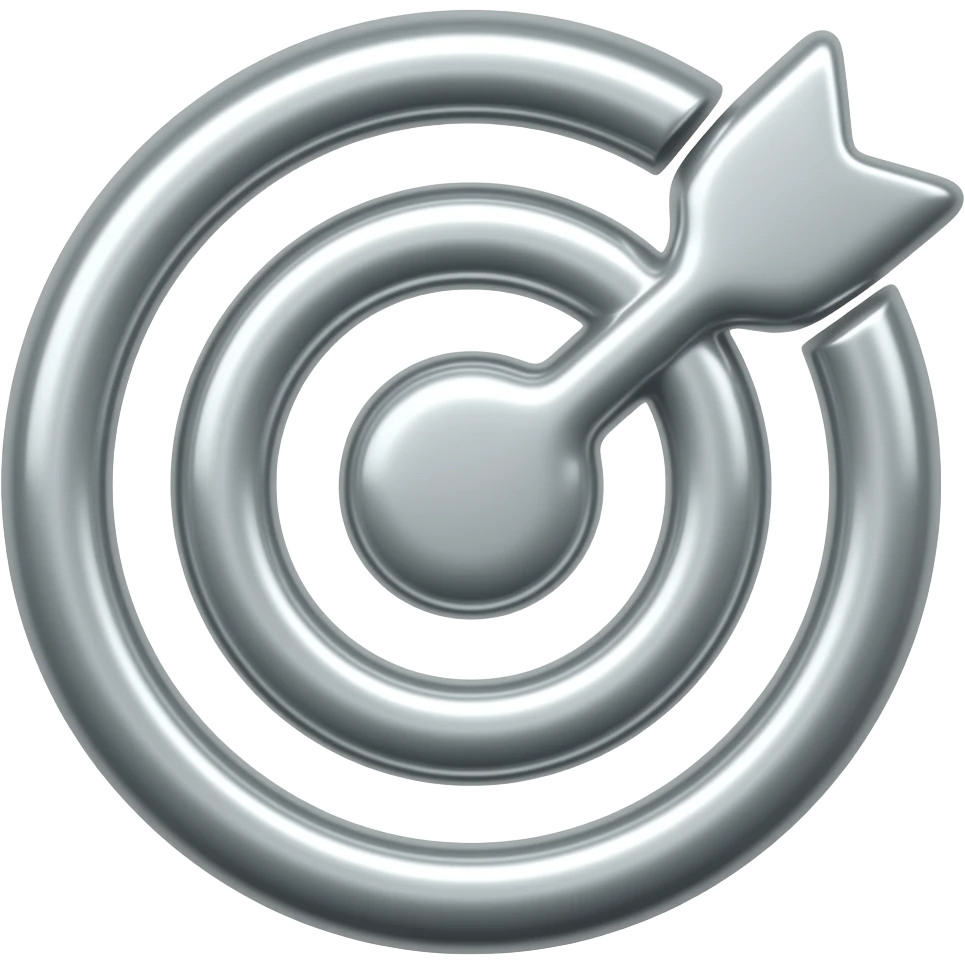 Take the 🎯 target emoji and recreate it as a 3D chrome metallic icon.  Liquid silver material, glossy reflections, black and white only,  dramatic studio lighting, white background,  ultra sharp render, 512x512px, no text,  same shape and silhouette as the original emoji emoji