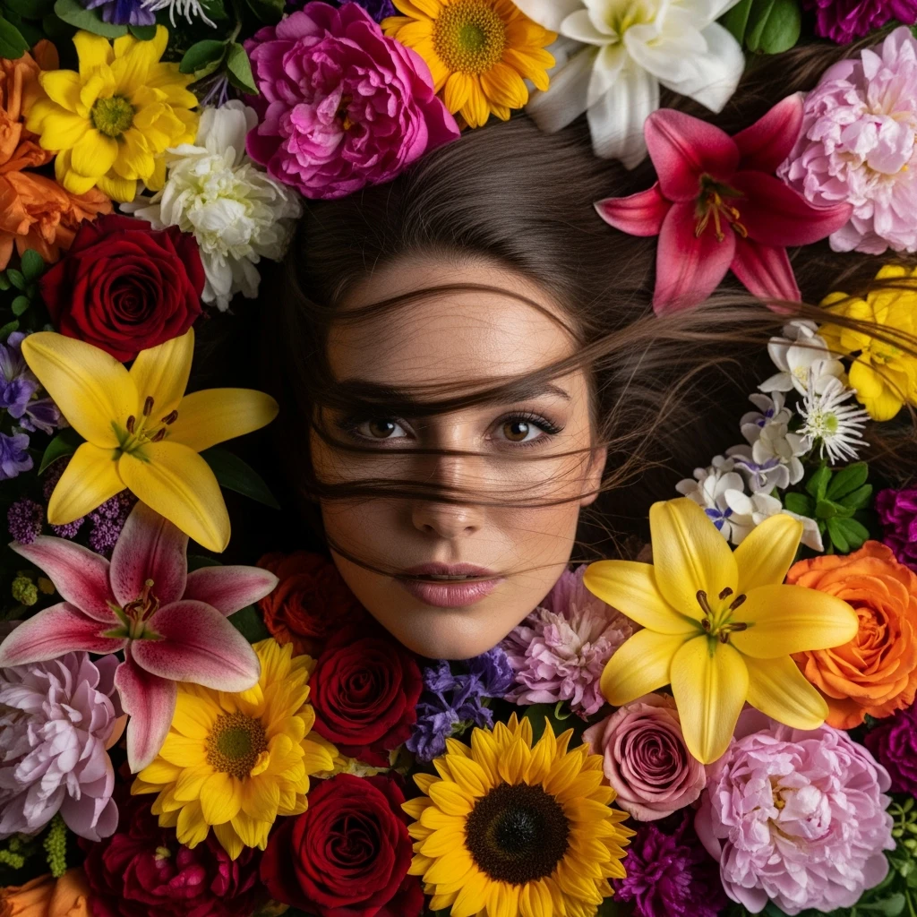 Camera drom top, Motion blur Extreme Closeup photo of a beautifull woman lay around beautifull colorfull flowers, cinematic light, 8K, very detailed, sharp, depth (foreground, midground, background) emoji