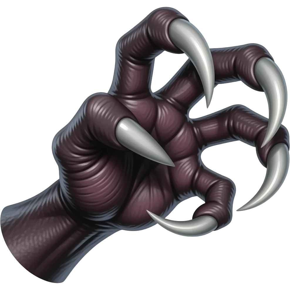 Long dark Demonic hand with sharp claws. Make the hand reach out to attack and slash towards the right of the image violently. Shift the perspective to a side profile to show the curvature and length of the claws more clearly. emoji