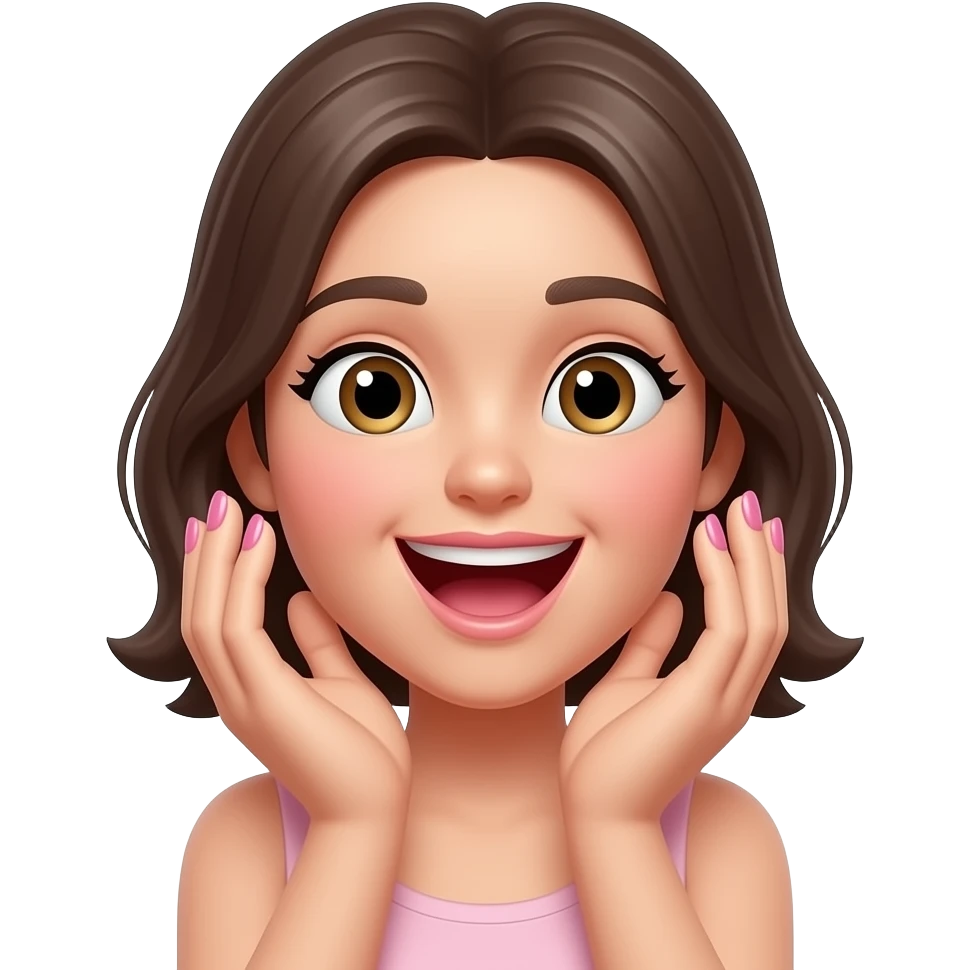 aesthetic emoji girl, excited expression, trendy nail art, soft pink and nude tones, minimal makeup, clean background, soft lighting, girly aesthetic, 3D emoji style, high detail emoji