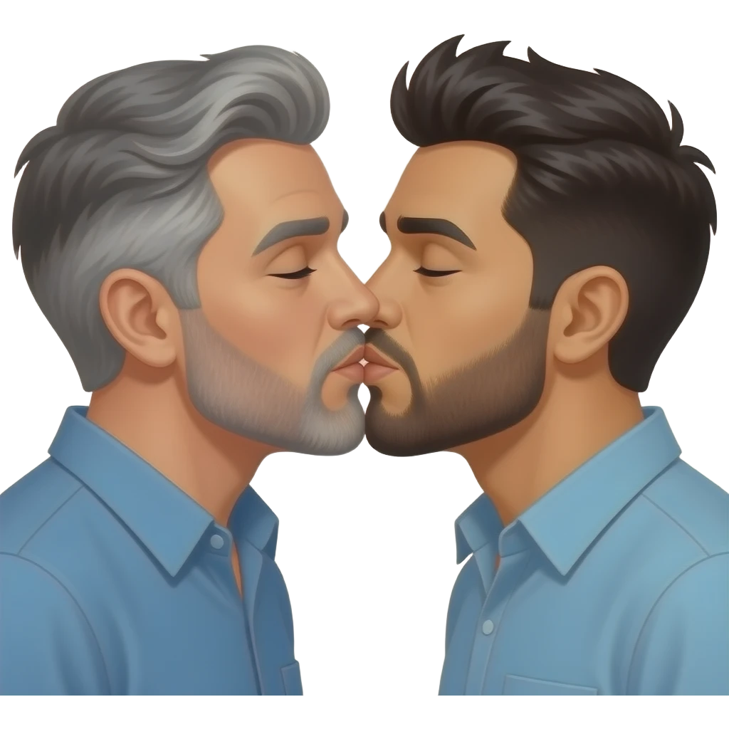Two realistic Latino men with beards kissing passionate, both with beards and one with gray hair. The one with dark beard make it with spiky gel hair emoji