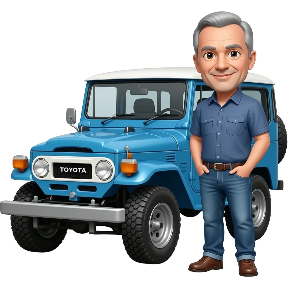 Change hair to balding   Toyota fj40 Land Cruiser emoji style with balding grey hair man with clean shaven face wearing jeans and short sleeve shirt standing next to blue fj40 emoji
