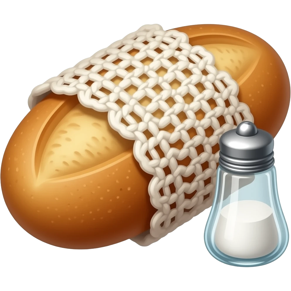 peasant bread wrapped in crocheted cloth with a glass salt shaker next to it emoji