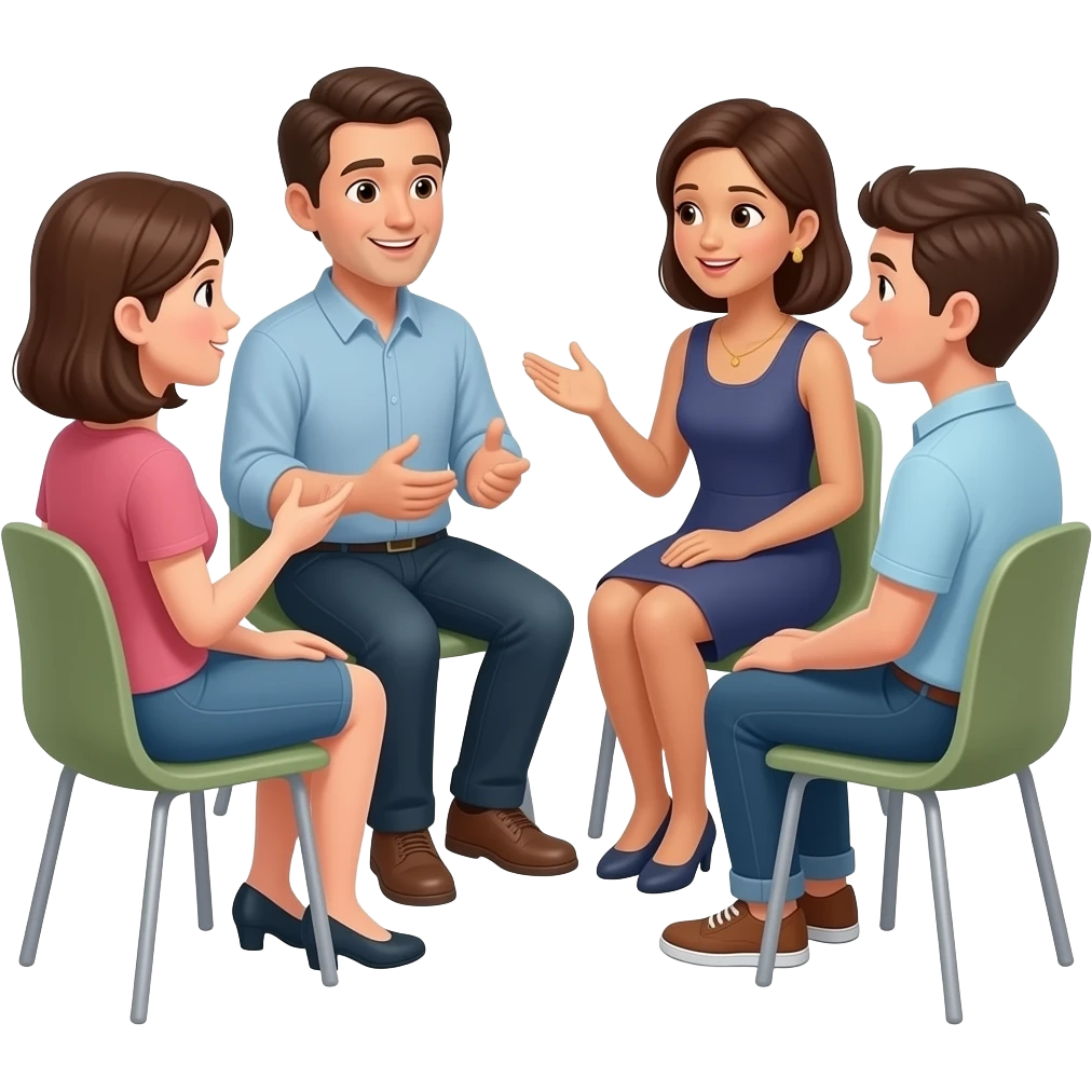 grupo de personas hablando en ronda sentados. que incluya un hombre una mujer un joven. que se note diferencias fisicas emoji