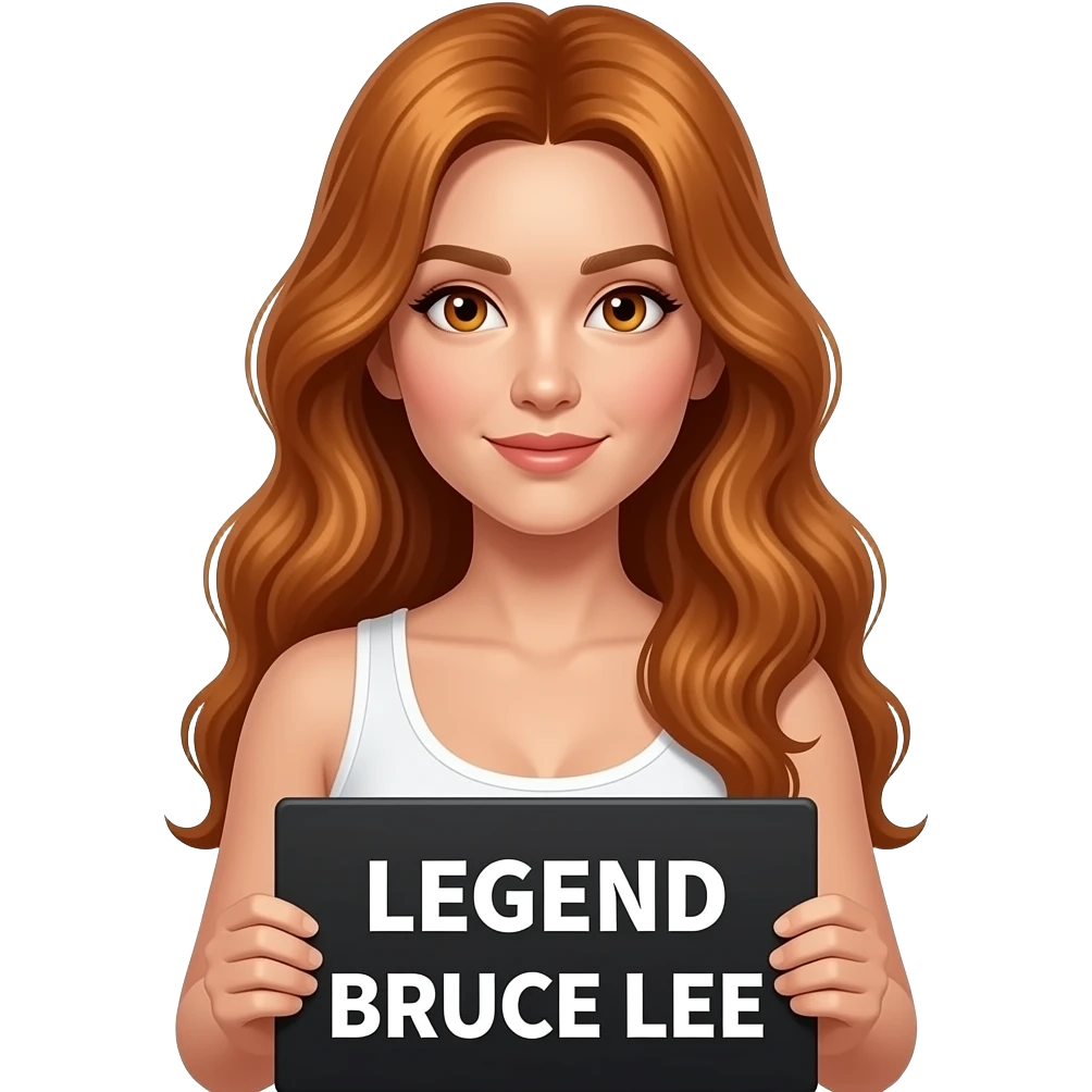 sexy girl with long wavy ginger hair and ginger eyes wearing a white tanktop is holding a black colored sign with LEGEND BRUCE LEE written on it emoji