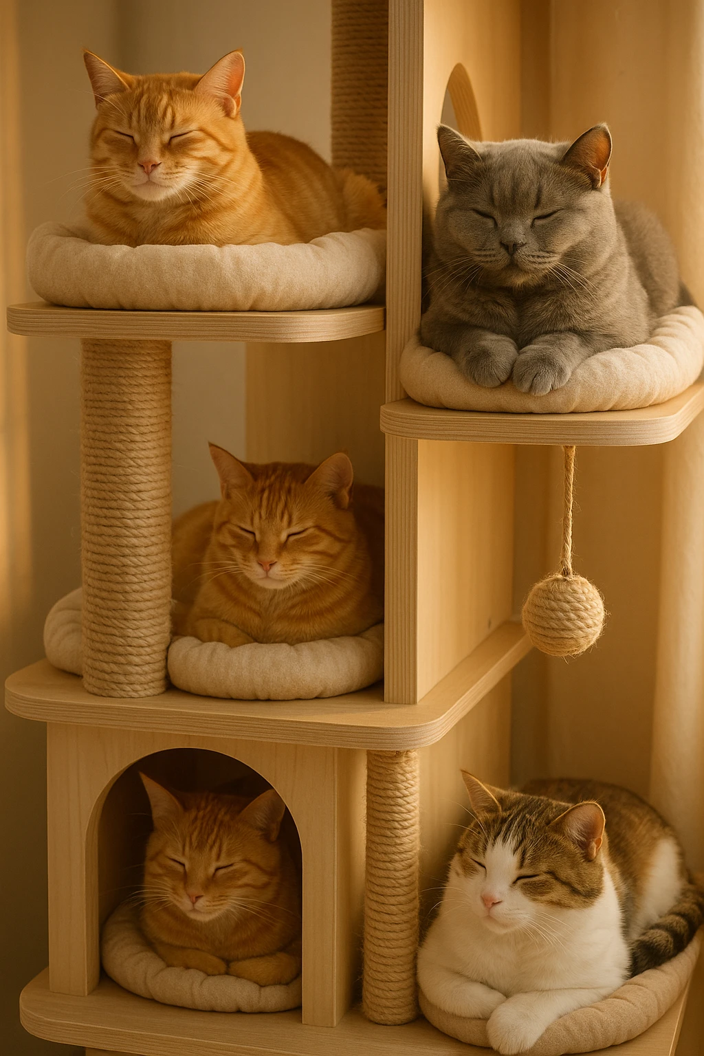 cats relaxing in a vertical playhouse emoji