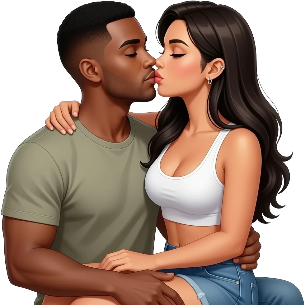 Black male with brown skin and short hair with a Columbian well built woman with look hair and prey eyes. She is sitting on his lap facing him kissing. Big breast emoji