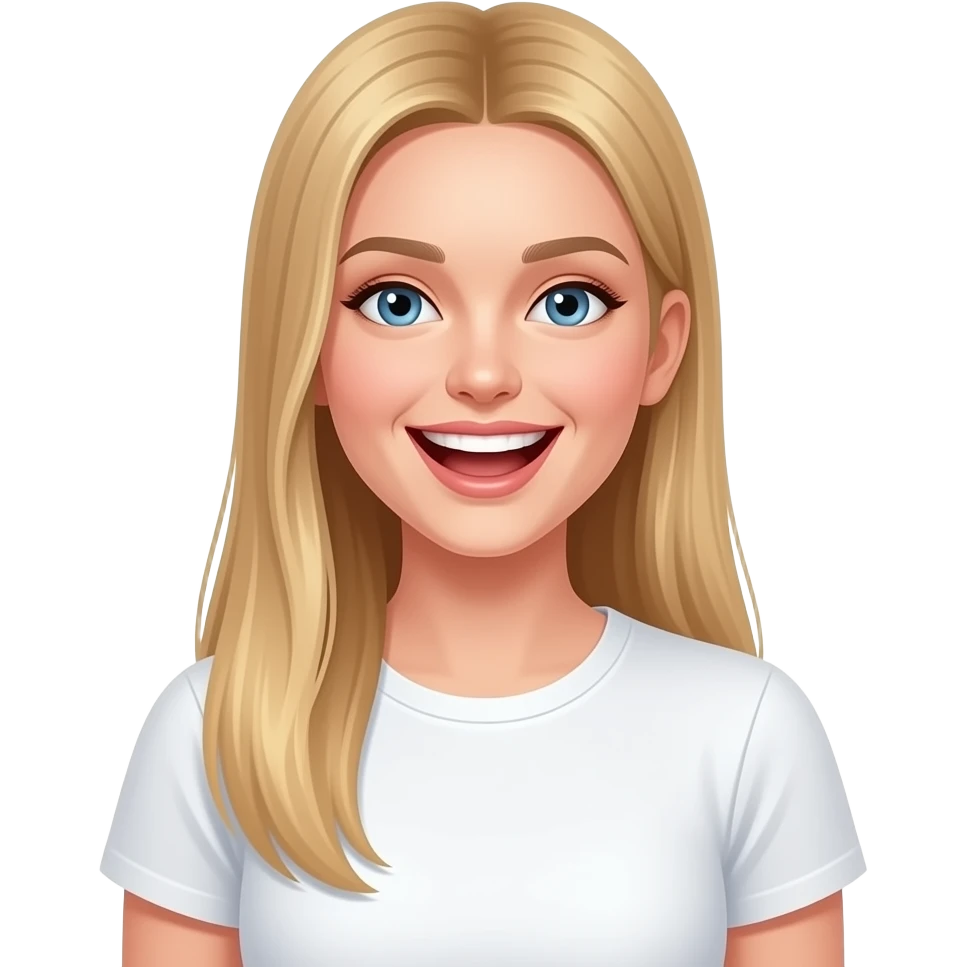 bella ragazza russa bionda capelli lisci lunghi e occhi chiari, con maglietta bianca ride molto emoji