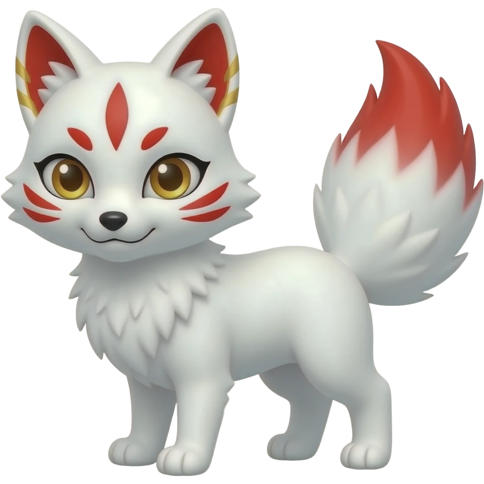 A pure white one-tailed kitsune (fox form,) with red accents, (one marking on each of its cheek, two markings each over its eyes and a single one on its forehead,) red on the insides of its ears, with gold markings inside of its ears,) and pale golden eyes. Pure white paws and a red tail tip. emoji
