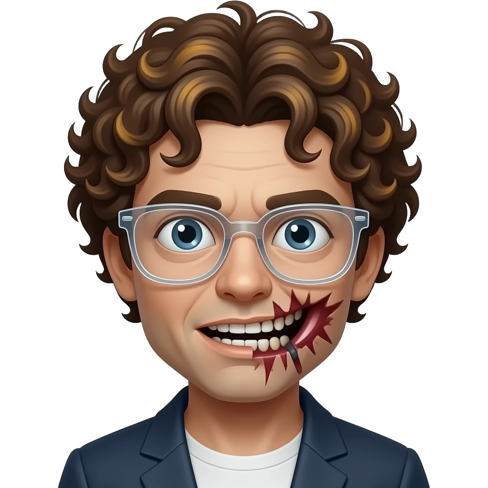 Crie um emoji de zumbi com um corte na boca com um óculos transparente cabelo cacheado com luzes emoji