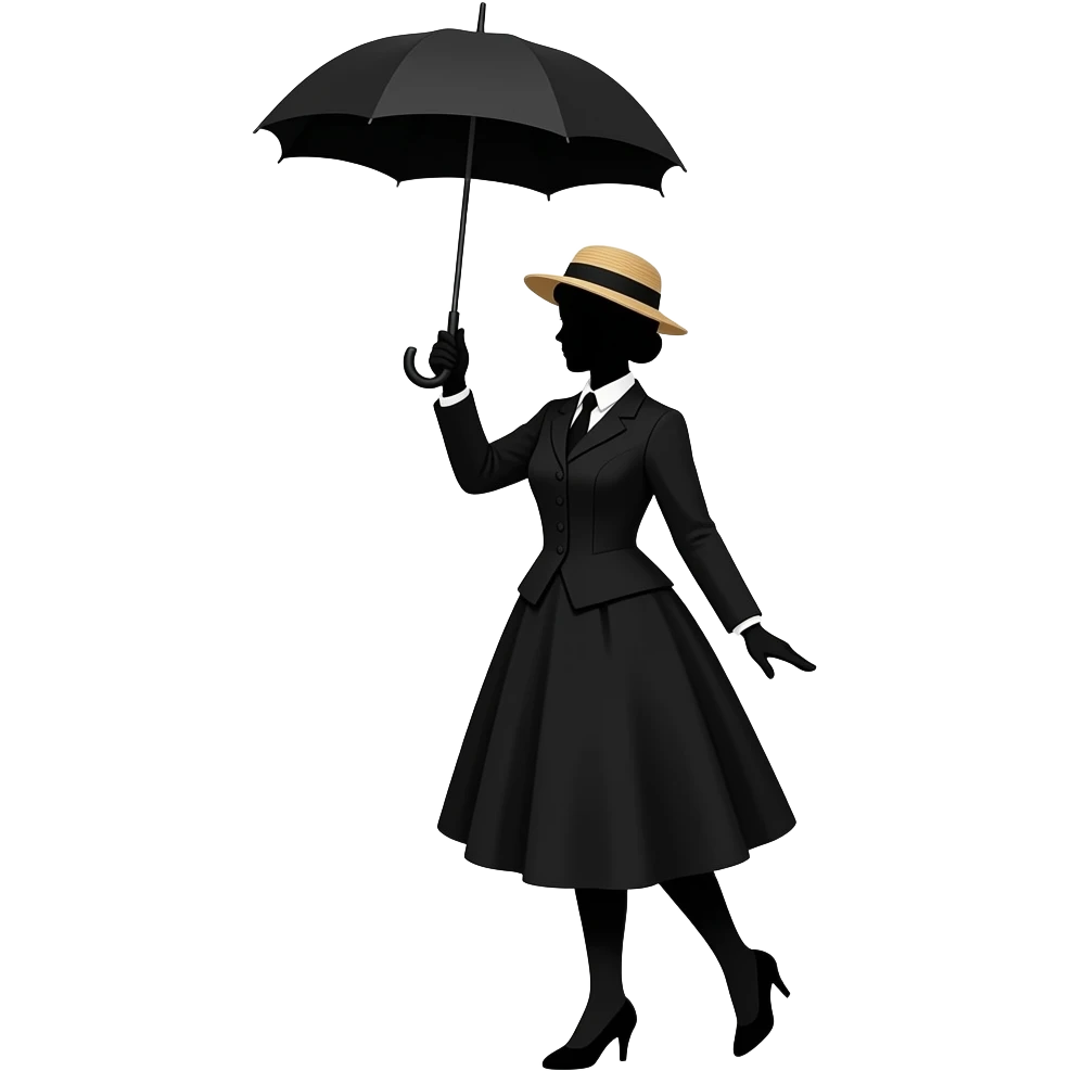 totally black silhouette mary poppins style female in straw boater hat, old edwardian dress holding umbrella up high with umbrella hand above head and heels touching each other and feet to pointing out forwards emoji