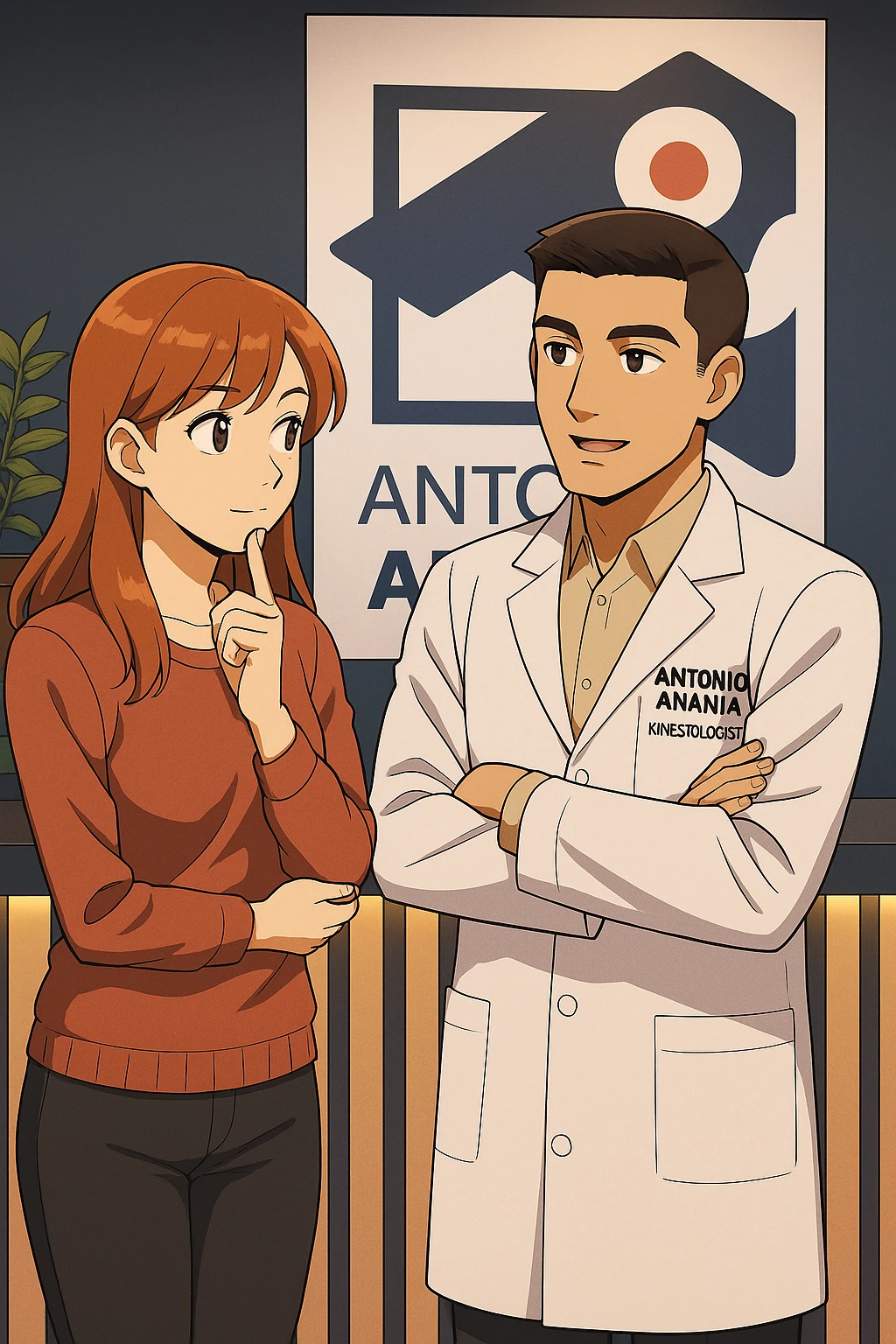 su questo stile fai un manga/webtoon a colori in cui una donna SI TOCCA IL MENTO CON L'INDICE MENTRE ASCOLTA PENSIEROSA L'UOMO, l'uomo della foto in stile manga LE SPIEGA CHE DEVE PROVARE LA SUA VALUTAZIONE MEDICA, mantieni un ambiente simile alla foto che ho allegato con il suo logo (sarebbe il suo studio, lui è un kinesiologo), scrivigli "ANTONIO ANANIA" sul camice bianco, non mettere fumetti, ma fai in modo che sembri che la donna ASCOLTI l'uomo emoji