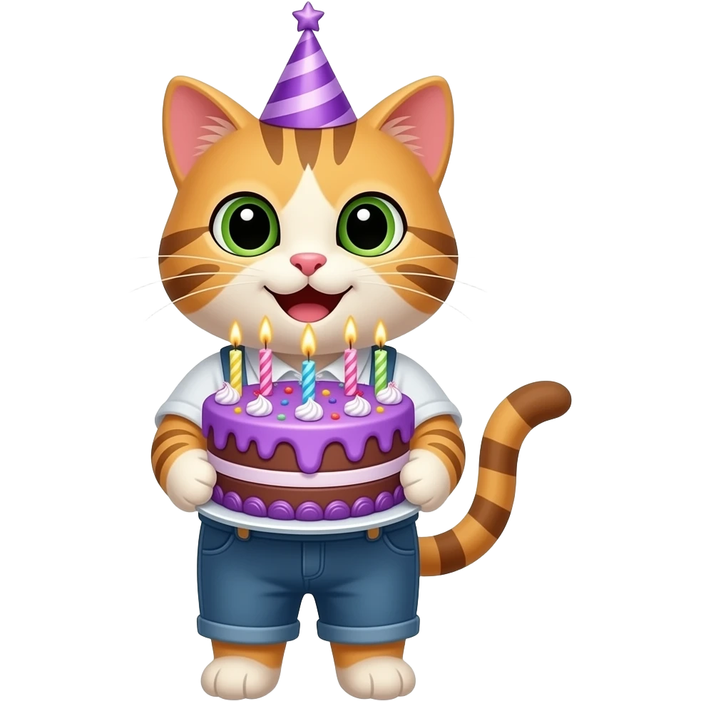 a happy cat holds a purple bithday cake fully decorated and candles on emoji