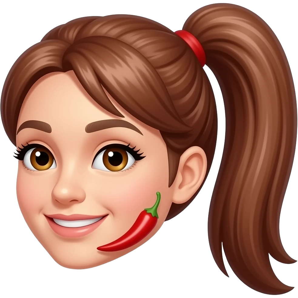 a red chili with eyelashes and long ponytail hair emoji