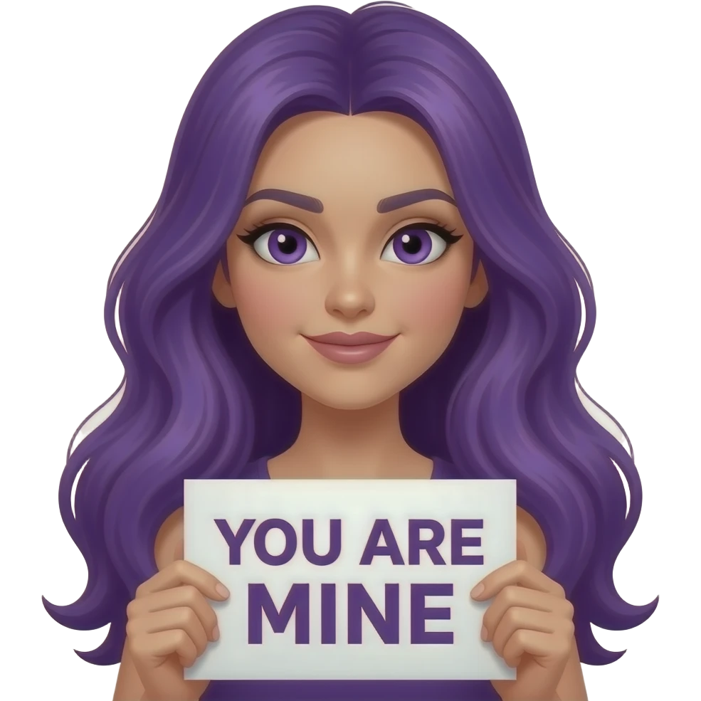 sexy girl with long purple hair and purple eyes holding a YOU ARE MINE sign emoji