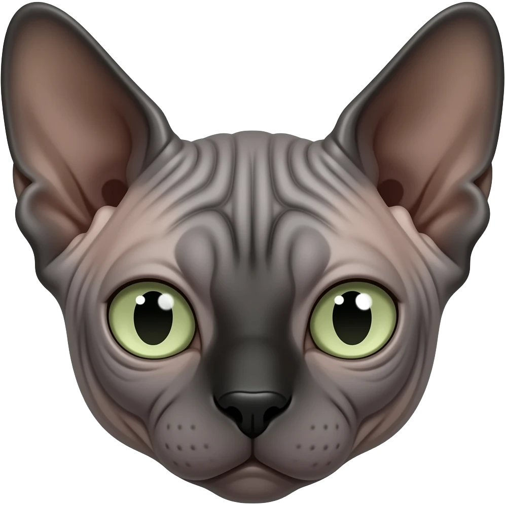 Dark grey female sphynx cat with black nose and light green eyes, just the face, emoji, wrinkles, cure, adoreable emoji