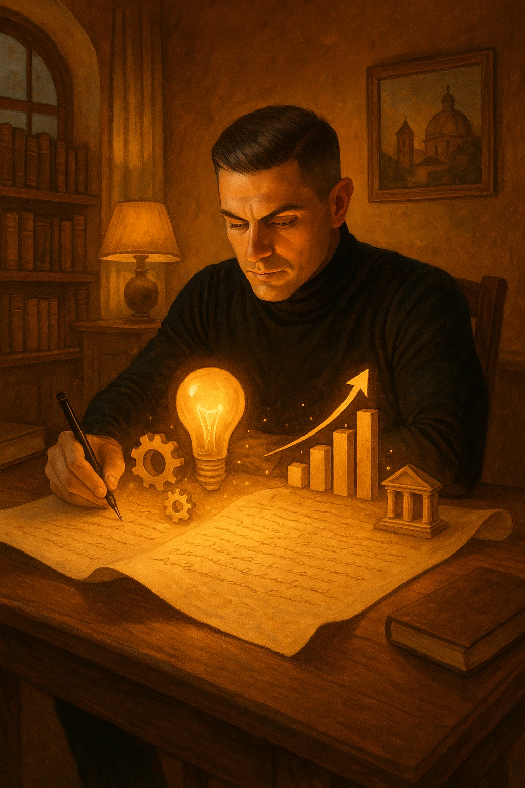 Un uomo concentrato, seduto alla sua scrivania in una stanza con luce calda, sta scrivendo su un enorme foglio di carta che si espande magicamente davanti a lui. Mentre scrive, le parole si trasformano in elementi visivi tridimensionali che rappresentano le soluzioni ai suoi problemi in italiano emoji