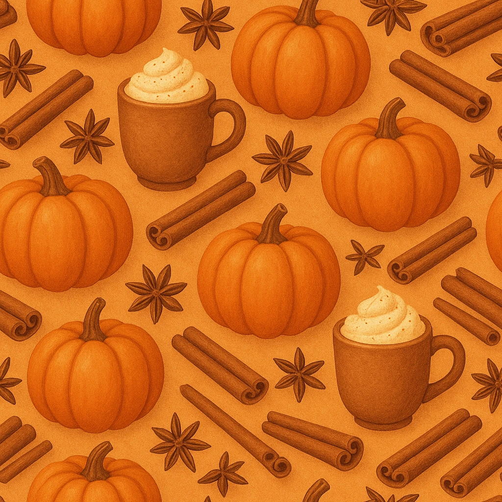 seamless pattern of pumpkins and pumpkin spice, warm orange and cinnamon tones, cozy autumn vibes, soft texture, vector style, high resolution emoji