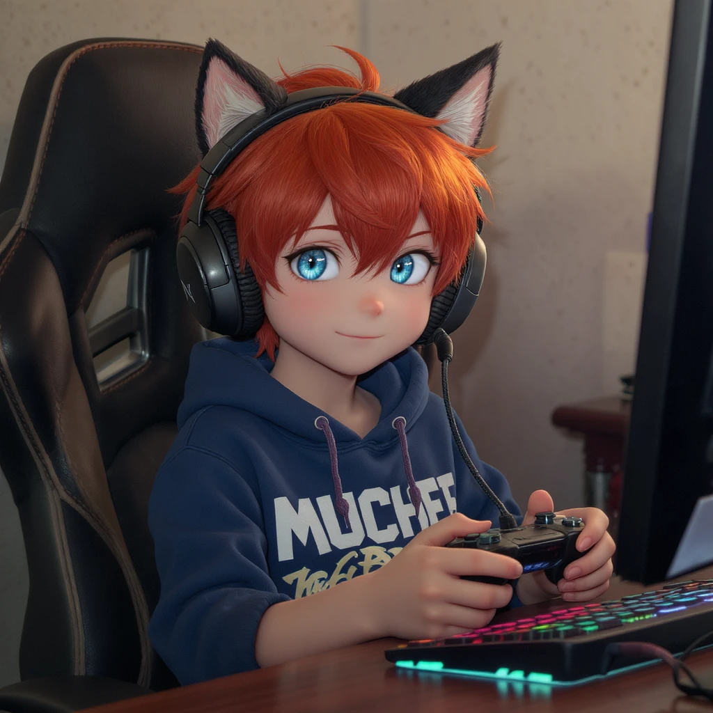 Red hair blue eye boy gaming with wolf ears emoji