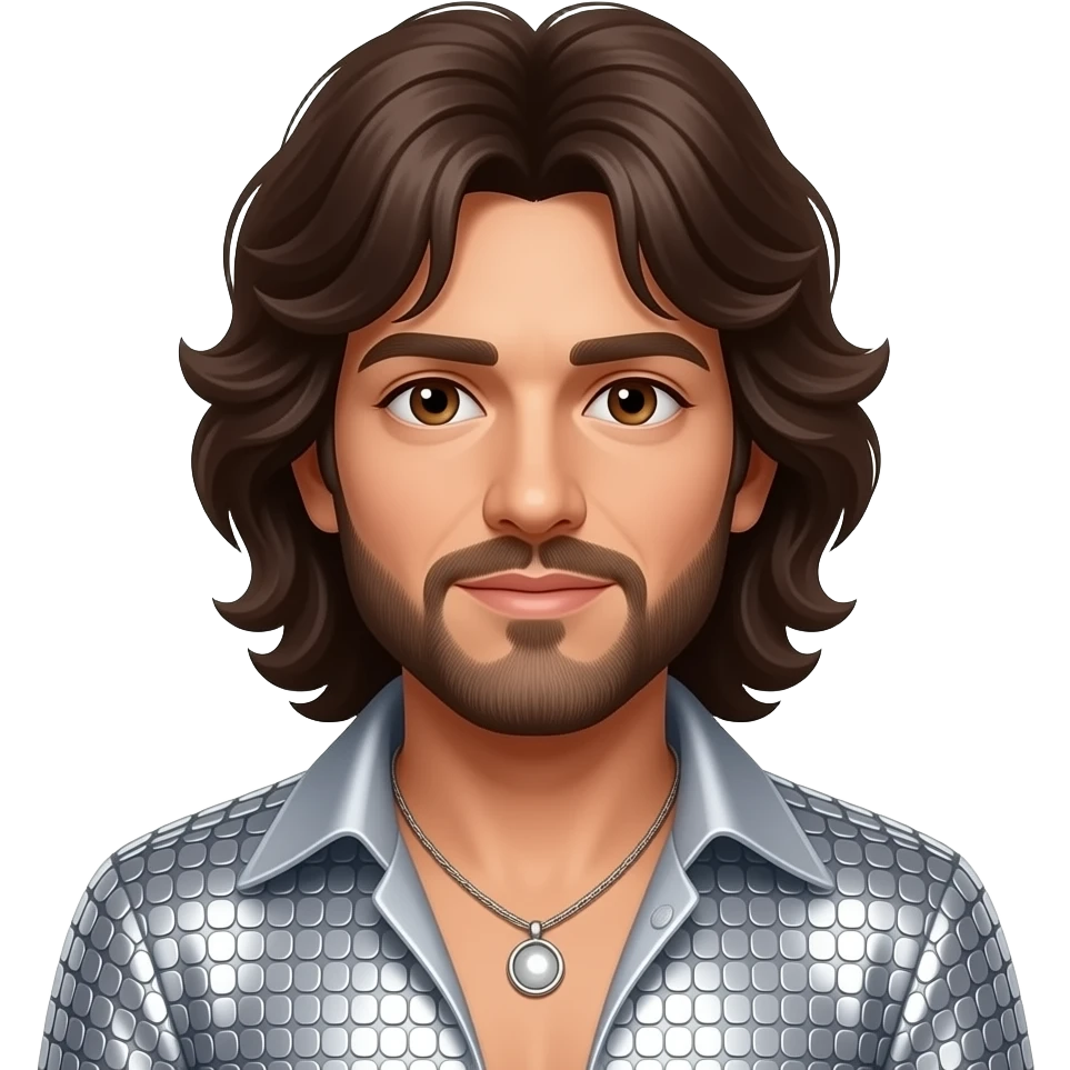 Barry Gibb from Bee Gees with brown eyes, long dark brown 1970s wavy hair and short beard, silver metallic disco outfit, necklace emoji