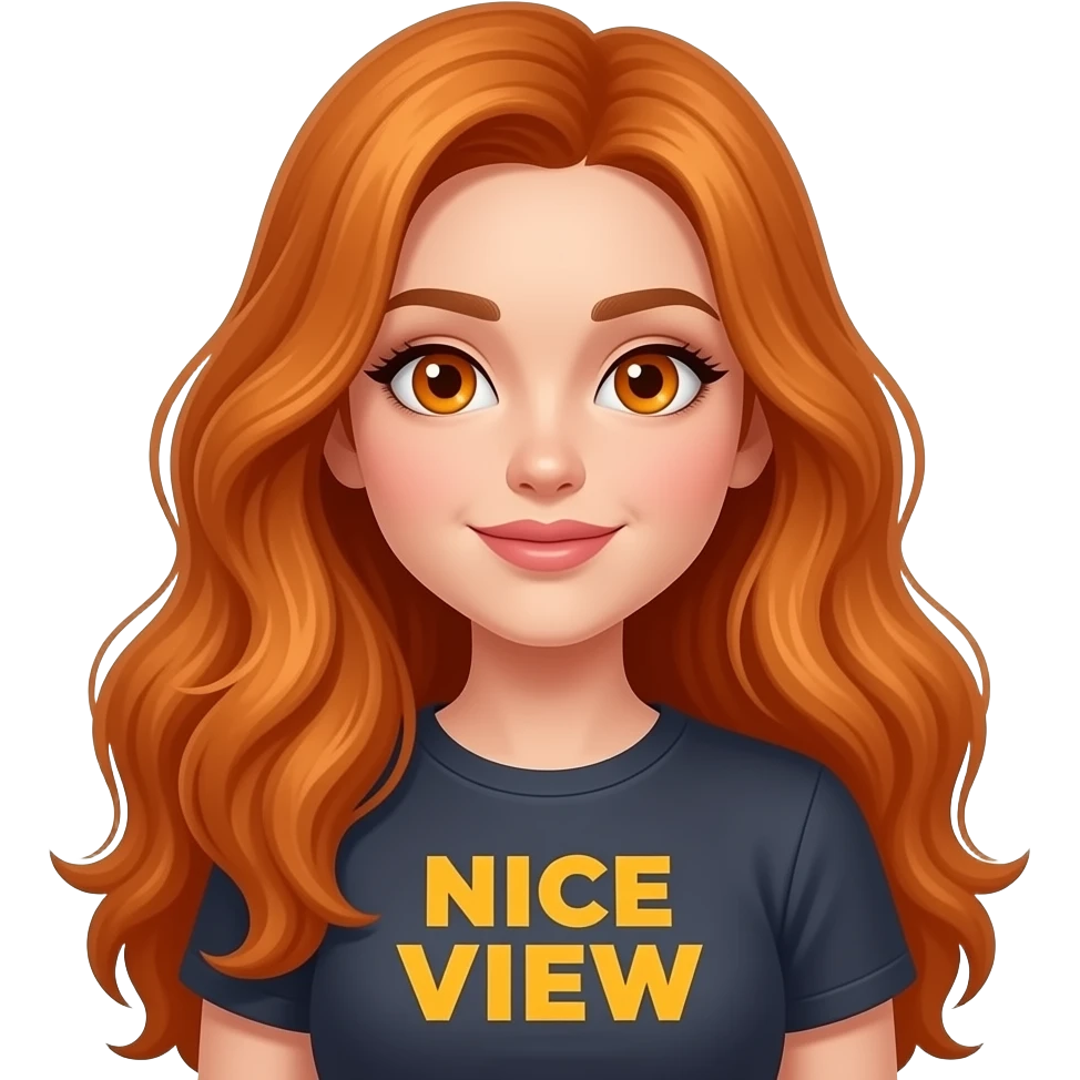sexy girl with overlong ginger hair and ginger eyes a top with NICE VIEW written on it emoji