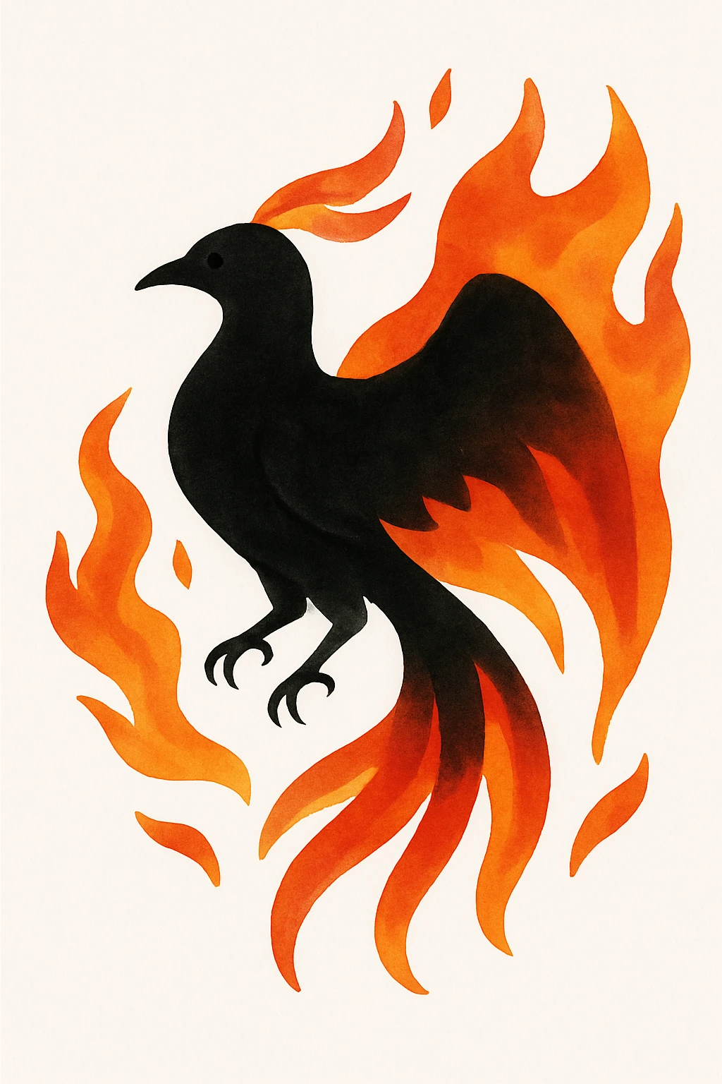Transform this watercolor phoenix into a dark phoenix: make the bird's body black, with shining, vivid flames in orange, red, and yellow. Keep the background as is. emoji