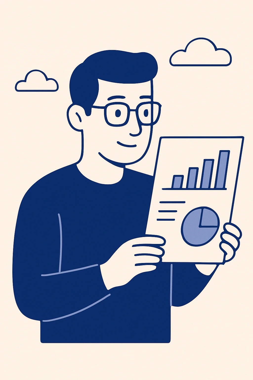 man wearing glasses and looking at data, flat blue illustration style emoji