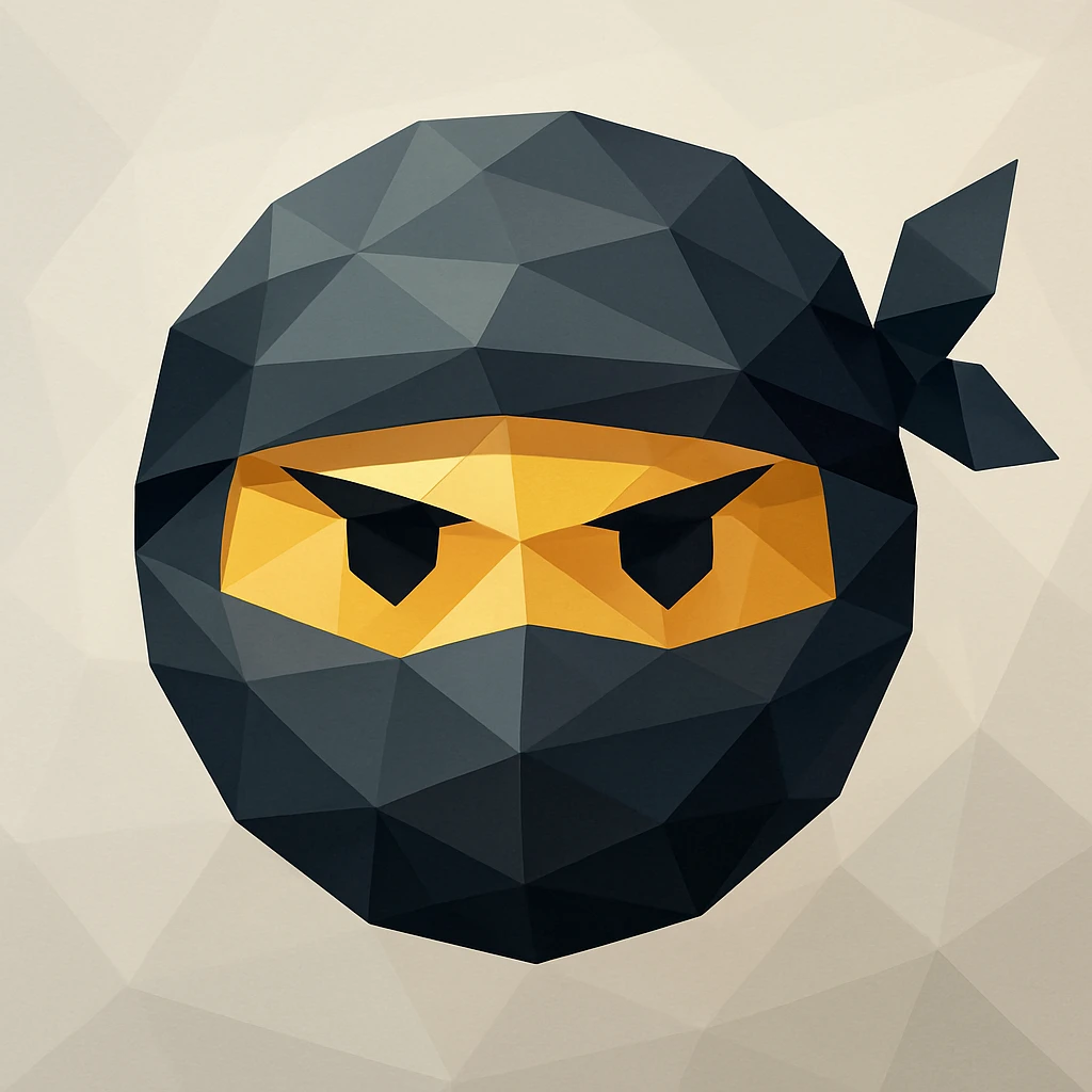 ninja emoji, masked face, headband with knot on side, low-poly geometric shapes, modern look, polygonal icon style emoji