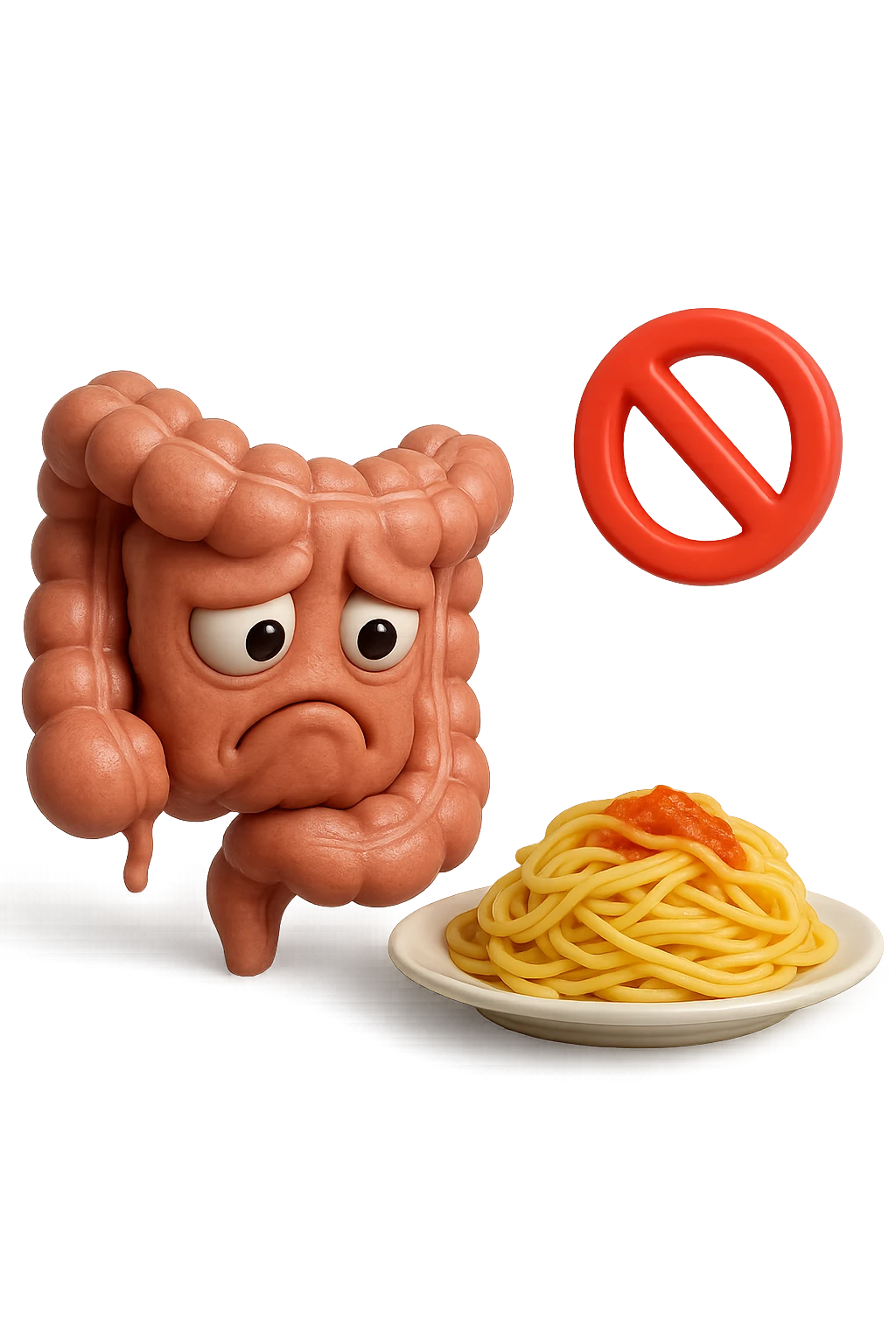 EMOJI STILE IPHONE DI un intestino umano anatomico triste mentre guarda un piatto di pasta con divieto 3d sopra: non la può mangiare, fagli anche la parte bianca degli occhi, non solo le pupille, REALISTICo 4K emoji