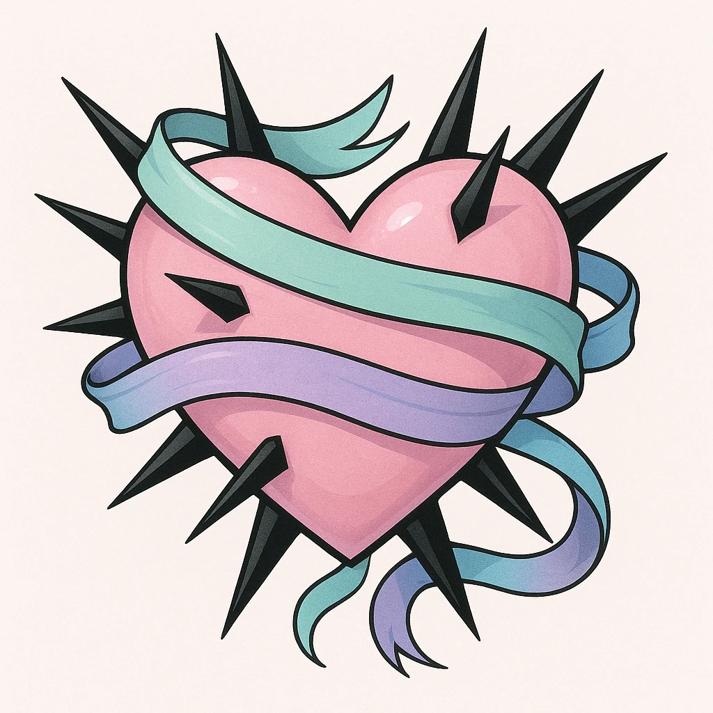 pastel goth heart with pastel ribbons and black spikes emoji