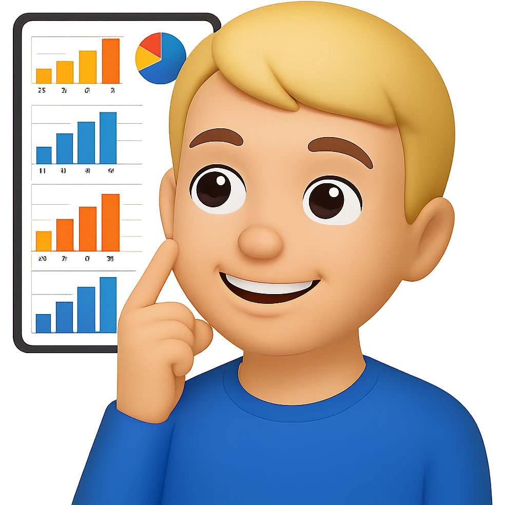 Person thinking with graphs in the background, smiling, in apple emoji style with a yellow background. emoji