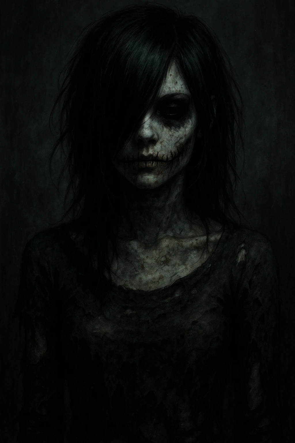 emo girl zombie, black hair covering one eye, stitched mouth, dark makeup, tattered clothes emoji