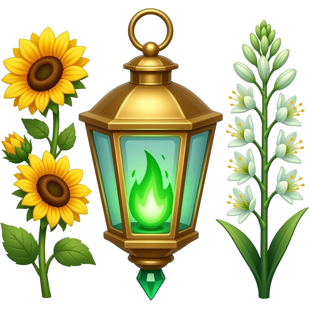 A golden hanging lantern with a bright emerald flames, an empty loop on top, fae themed sunflowers on the left and fully bloomed asphodels on the right as part of the design, but simple focus more on the green flames, paint the glass more green, have its bottom point come to some sort of point emoji