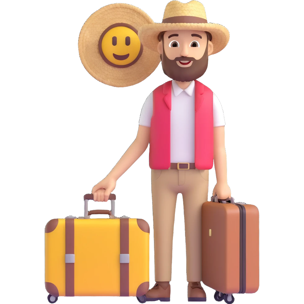Make the bearded man with suitcase look younger while keeping the straw hat and travel vibe, in 3D emoji style, with no background. emoji