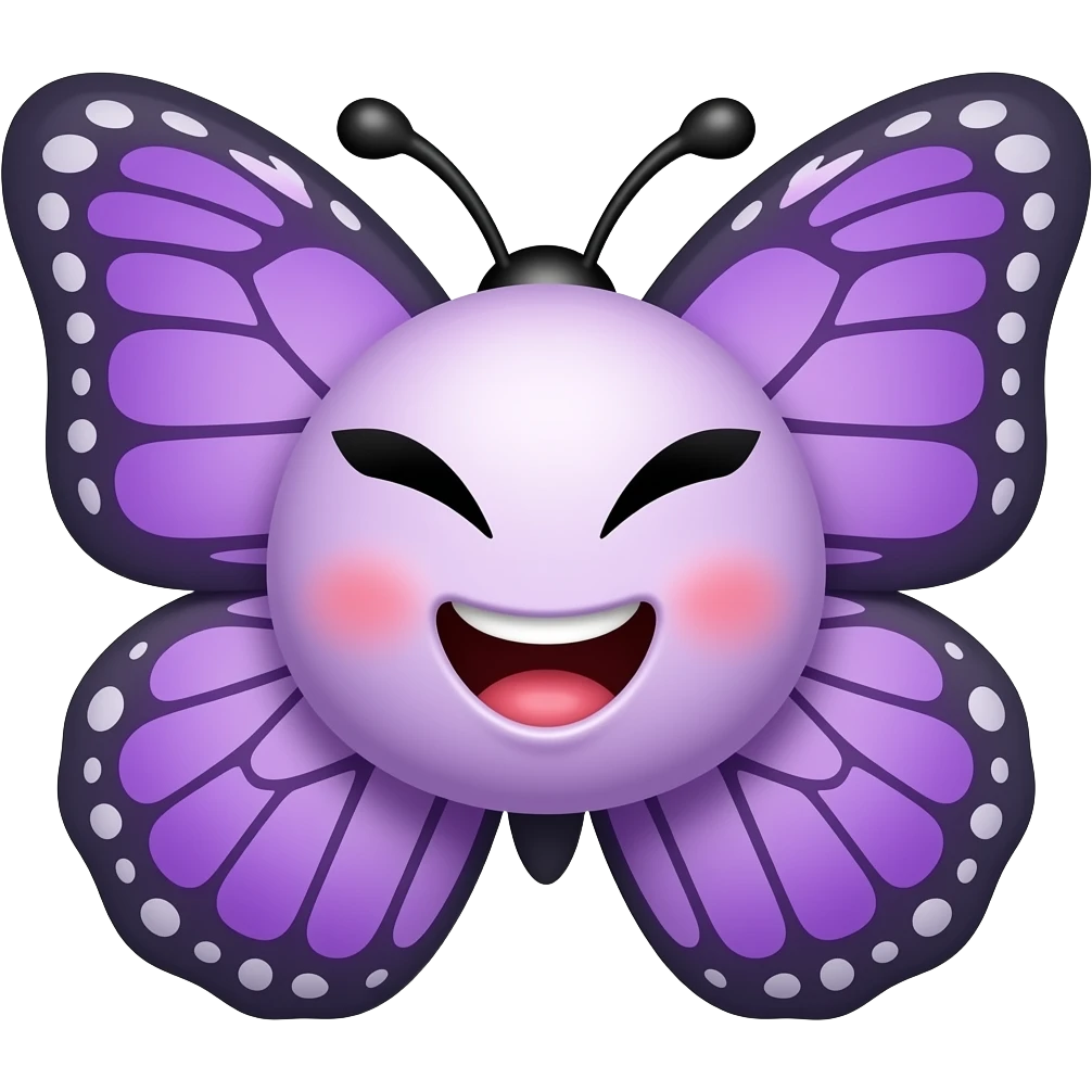 Милая озорная мордочка бабочки с фиолетовыми крыльями, радуется emoji