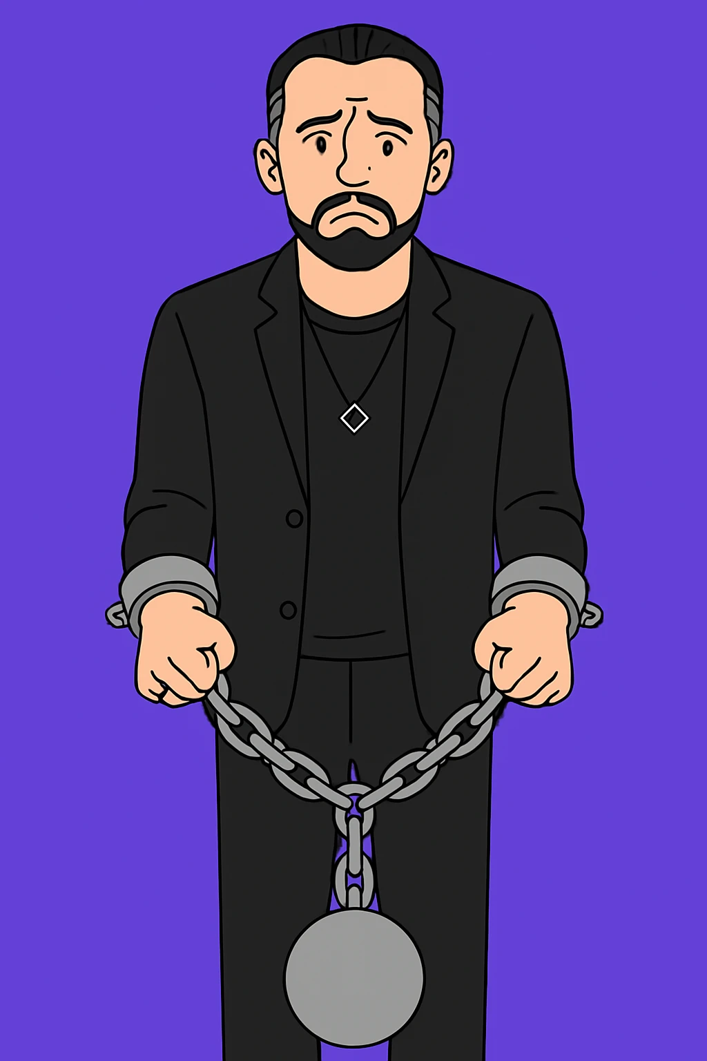 Используя такую стилистику как на картинках сгенерируй мужчину в одежде как на фото. Он стоит и расстроенно смотрит на зрителя, на его руках кандалы и цепи, которые тянут его вниз emoji