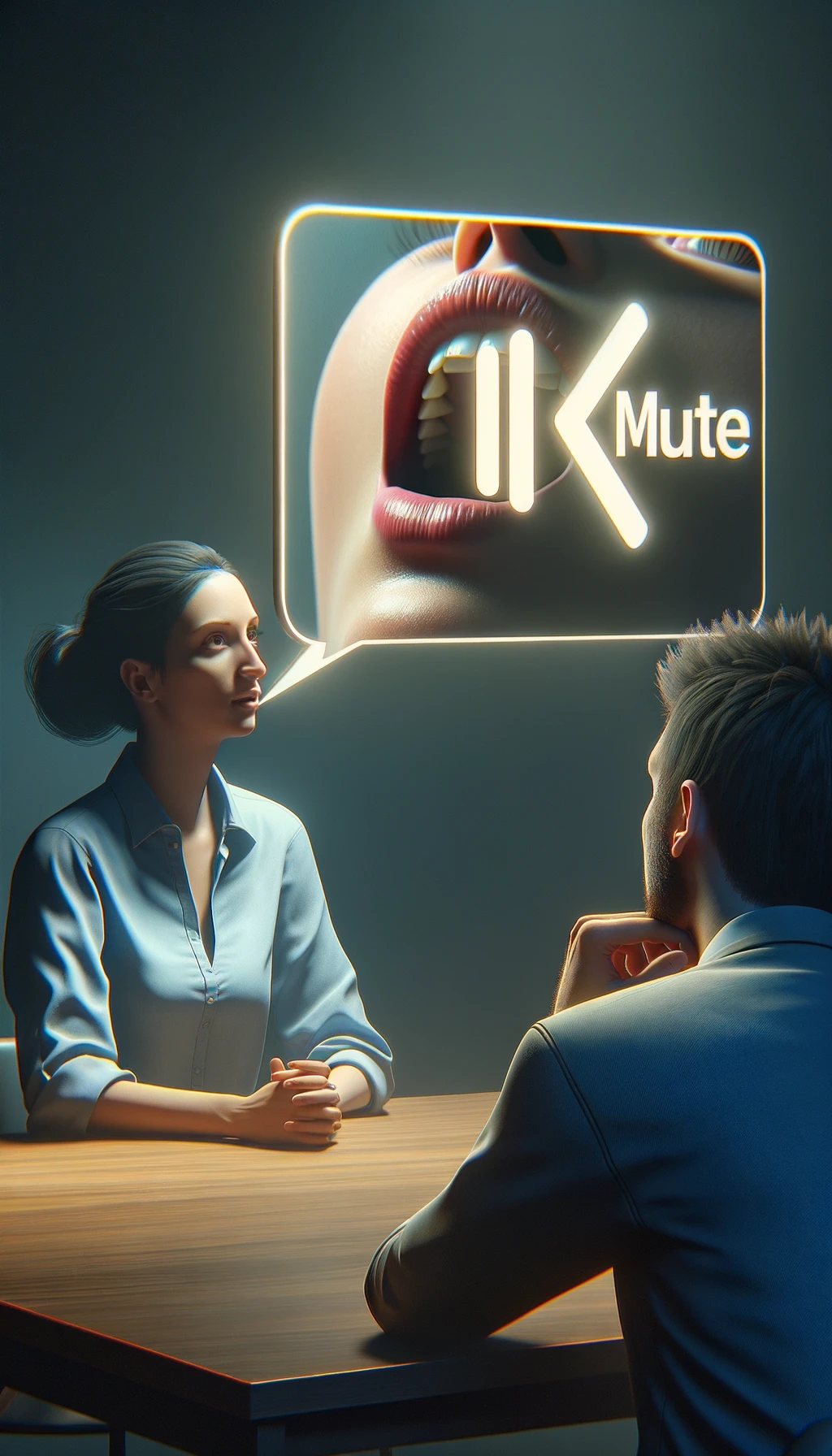 una persona parla ma sopra di lui c'è il simbolo "muto", un altra persona lo ascolta, immagine iperrealistica 4k emoji