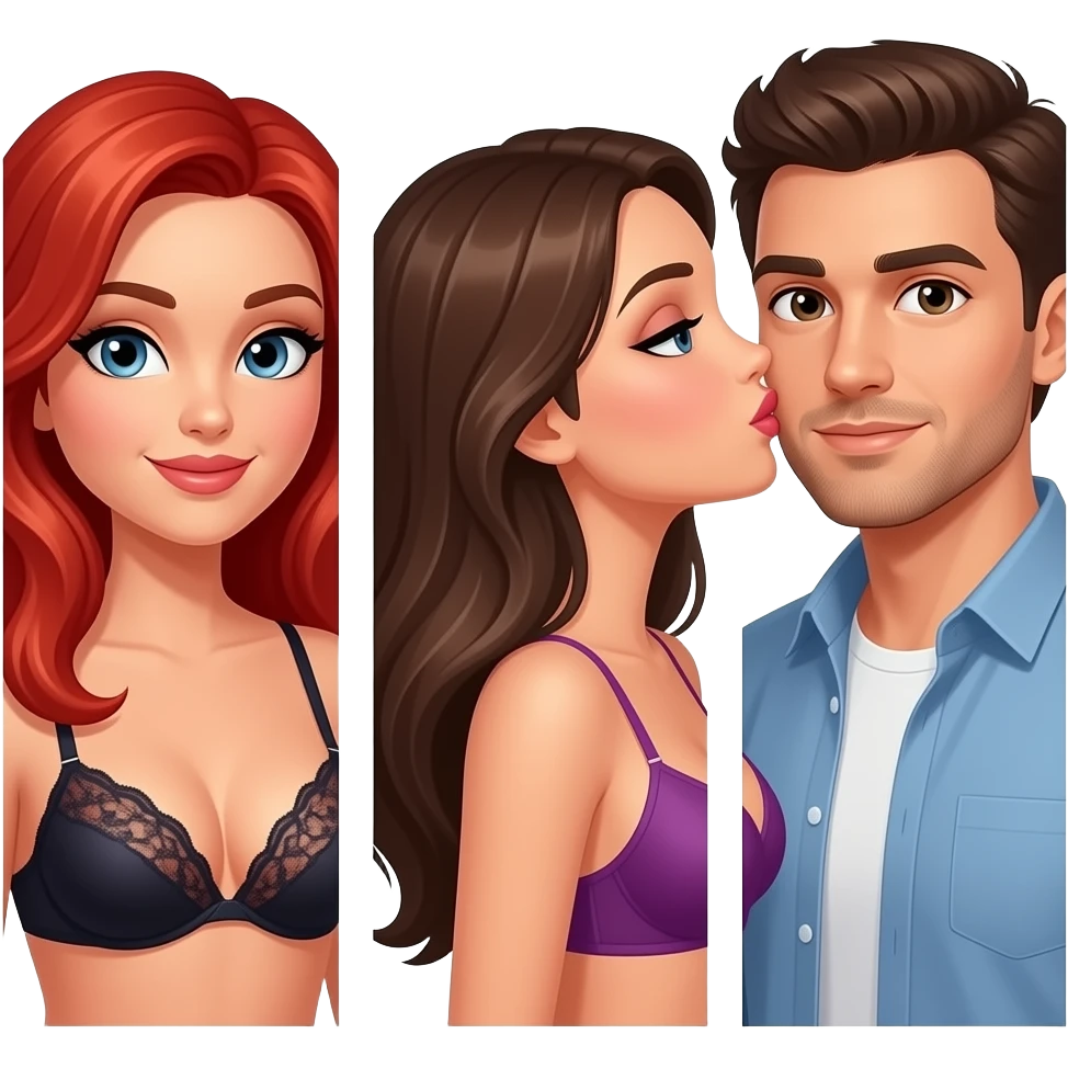 3 sexy people - 1 redhead female in lingerie, 1 brunette female in lingerie kissing and 1 brunette male emoji