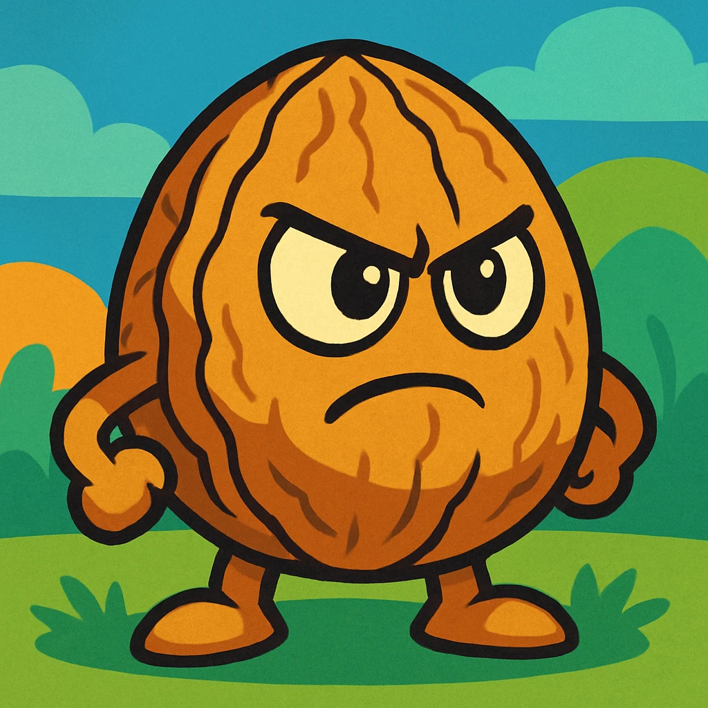 walnut character with determined face, fun cartoon style, inspired by Plants vs Zombies emoji